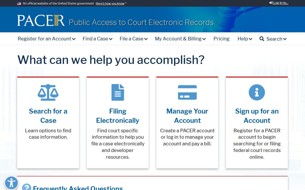 PACER federal court case search website