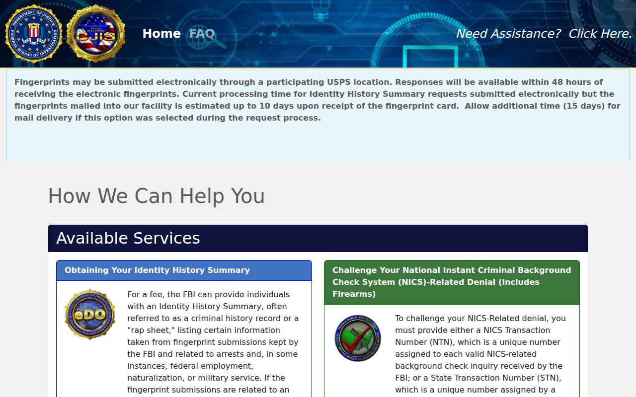 FBI electronic identity history portal for personal record review