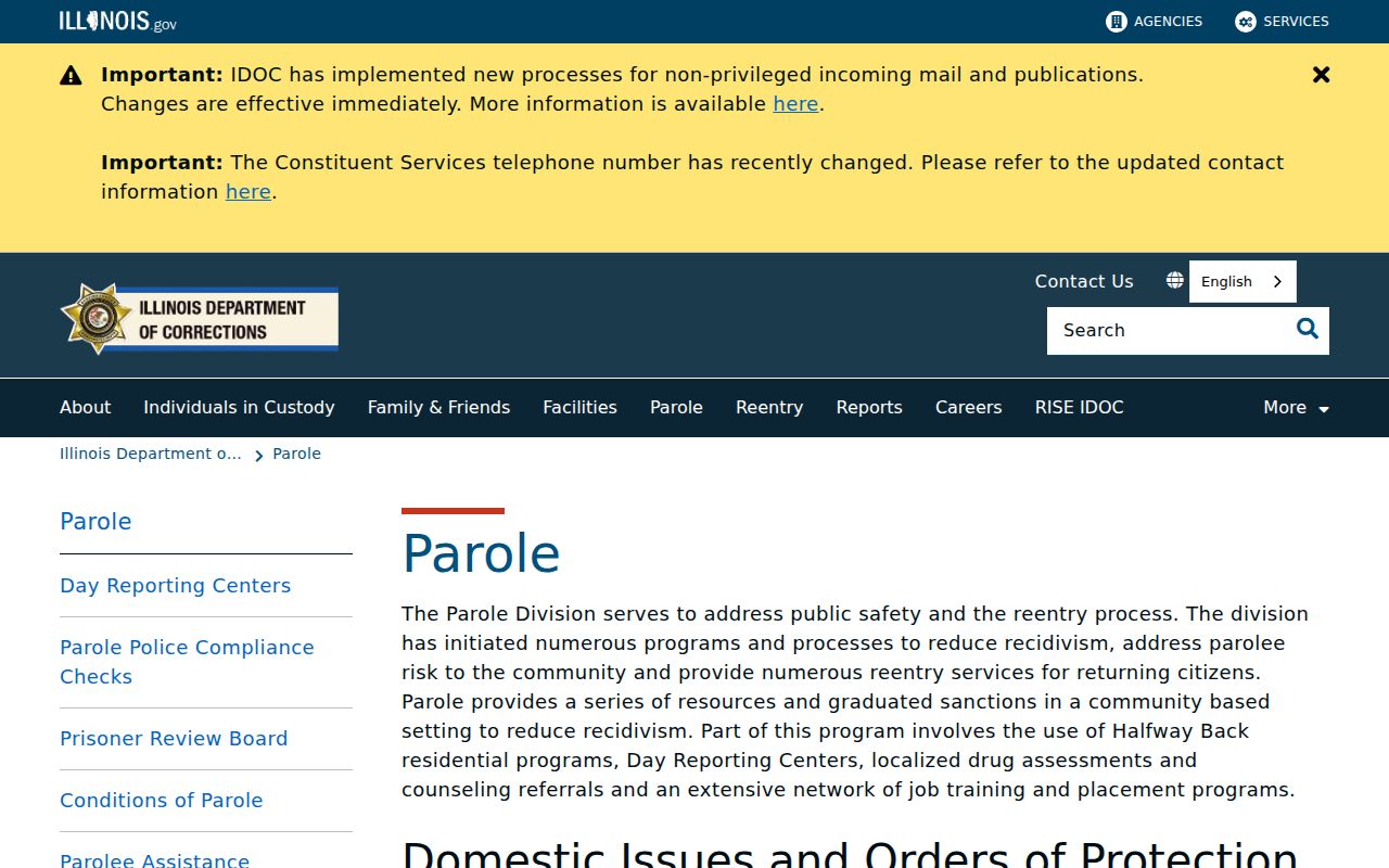 Illinois Department of Corrections parole services page