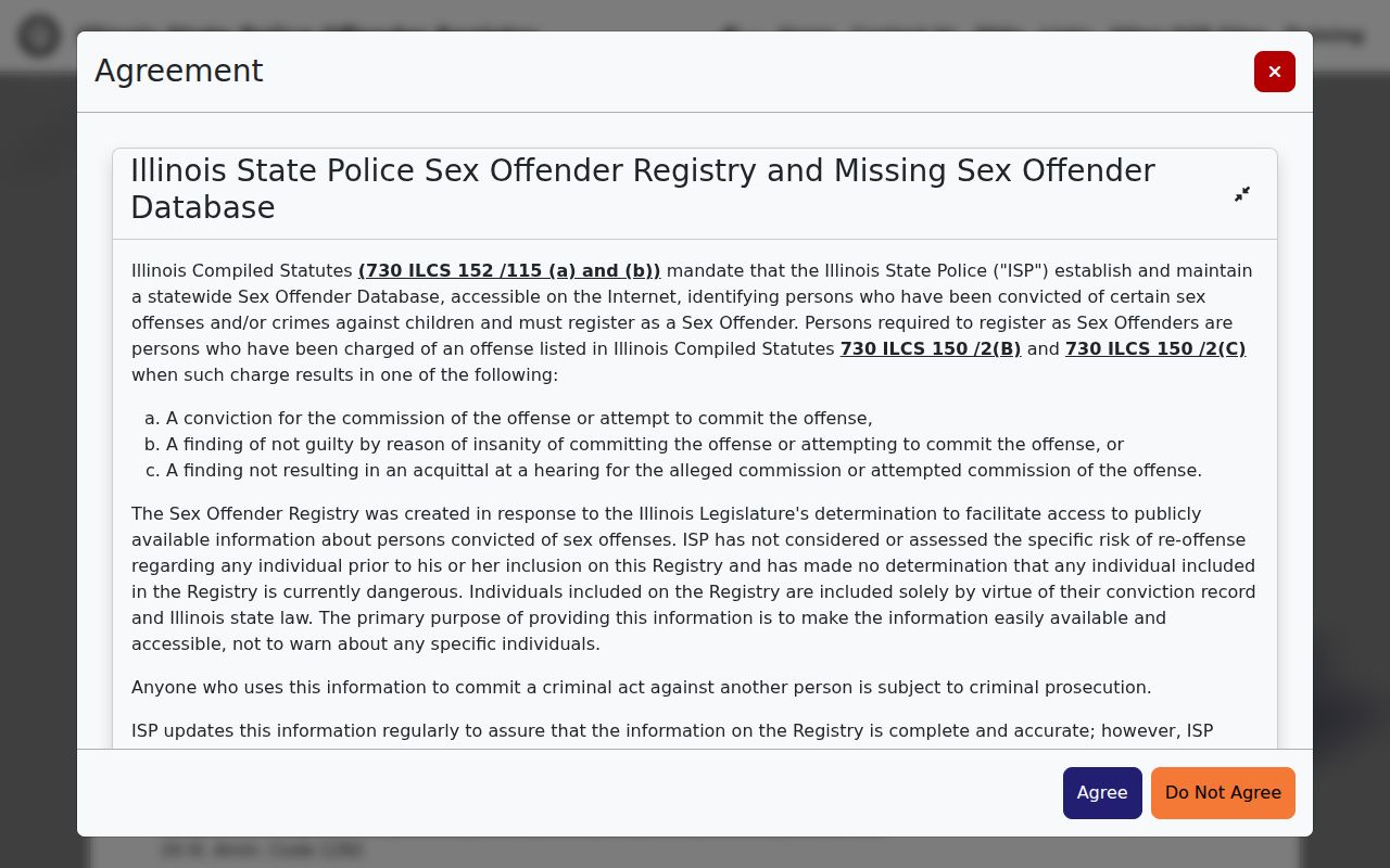 Illinois State Police sex offender registry disclaimer for Clay County searches
